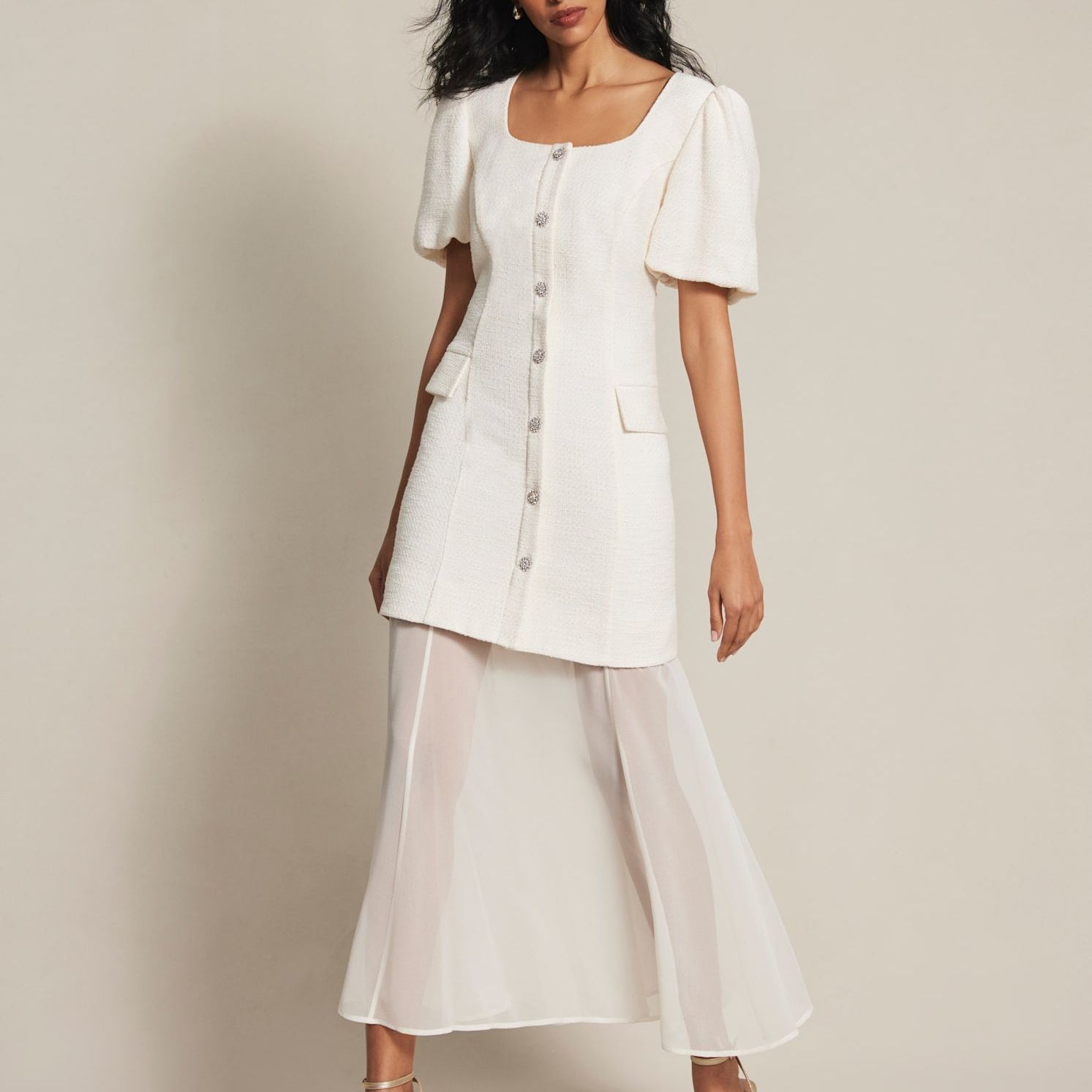 Cream Boucle Sheer Hem Maxi Dress