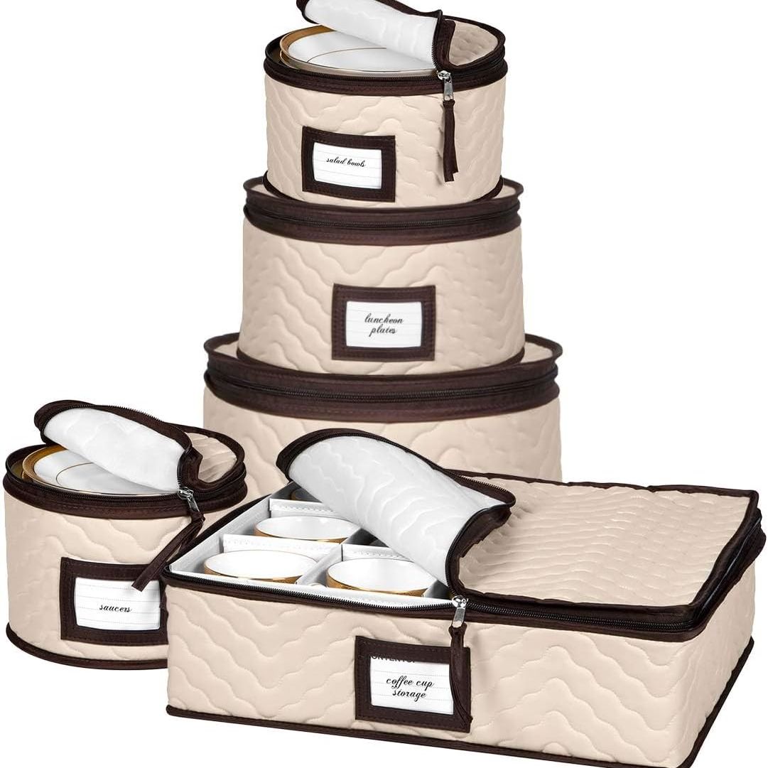 China Storage Containers 5-Piece Set Moving Boxes for Dinnerware, Glasses, Plates, Mugs and Saucers Sturdy Quilted Microfiber Dish Organizer With Dividers for Seasonal Storage - Holds Set of 12