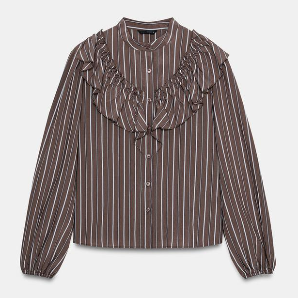 Zara, Brown Striped Shirt with Ruffles