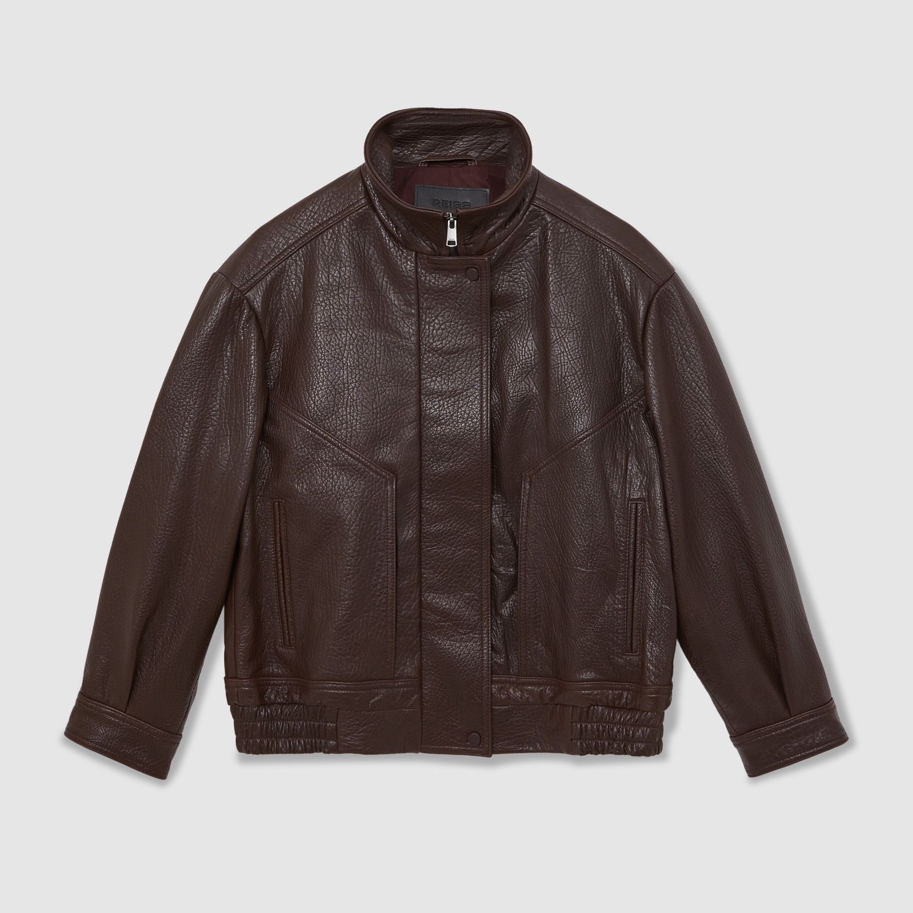 Oversize Grained-Leather Bomber Jacket in Burgundy