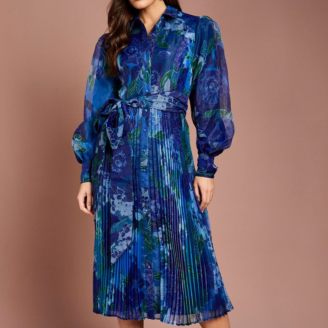 Organza Floral Pleated Midi Shirt Dress