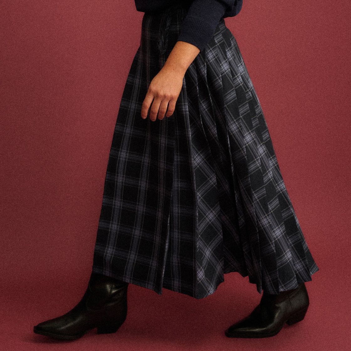 Navy Tartan Pleated Midi Skirt