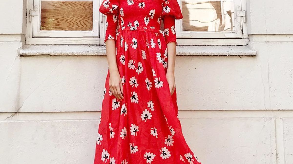 strapless open back dress 1970s Red Geometric Print Maxi Dress with Flamenco Ruffle Sleeves