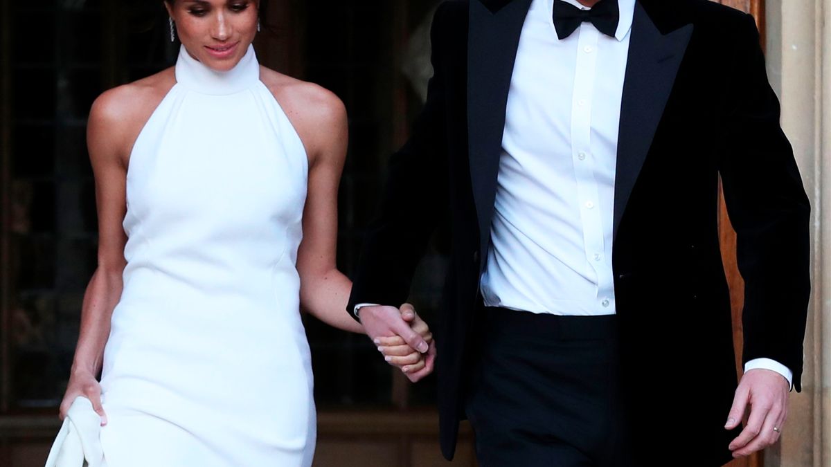 meghan markle wedding evening dress stella mccartney Velvet black dress with crystal and gold embroidery main image 0