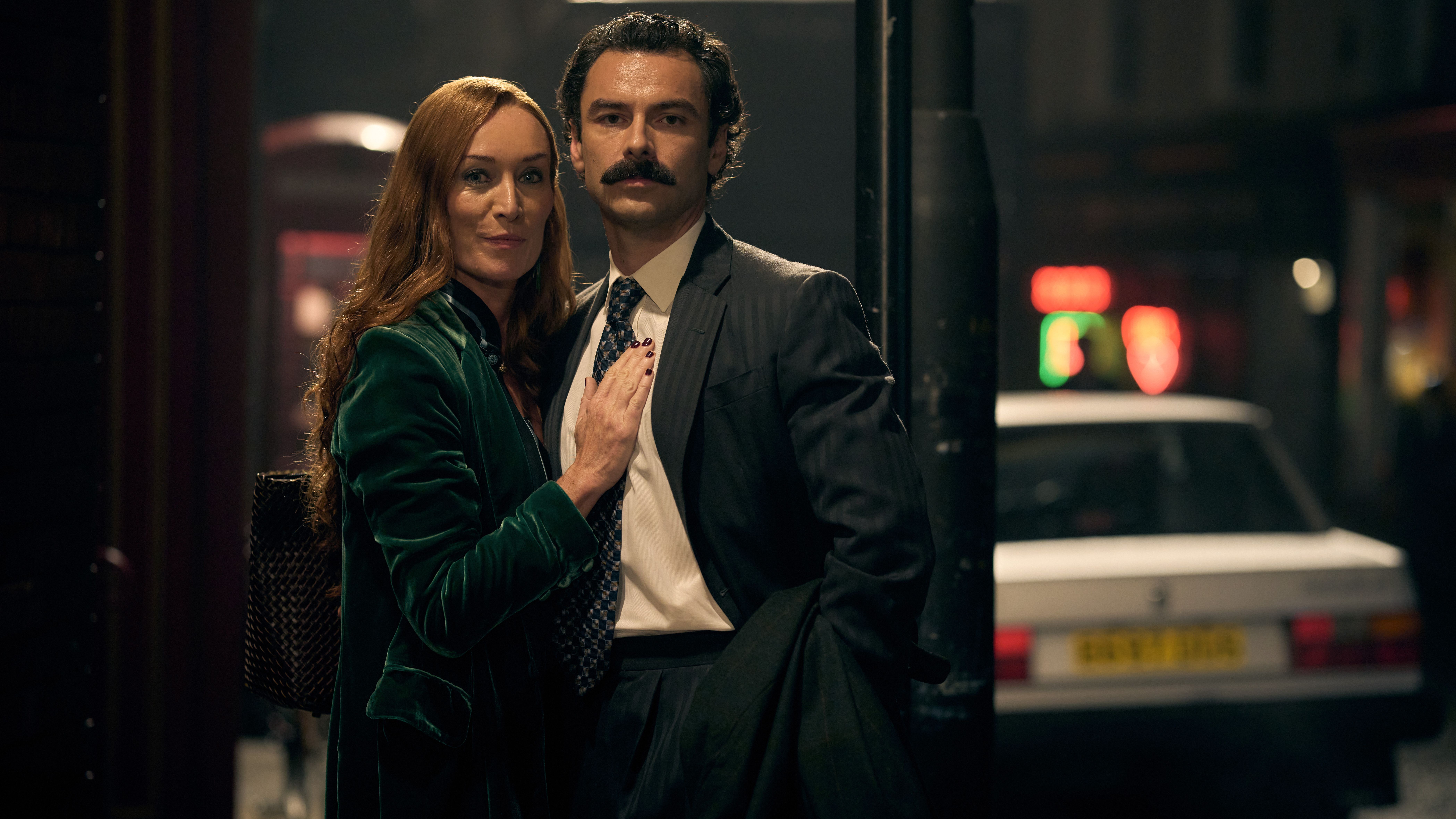 an image of Victoria Smurfitt and Aidan Turner as Maud and Declan O Hara in Rivals S2