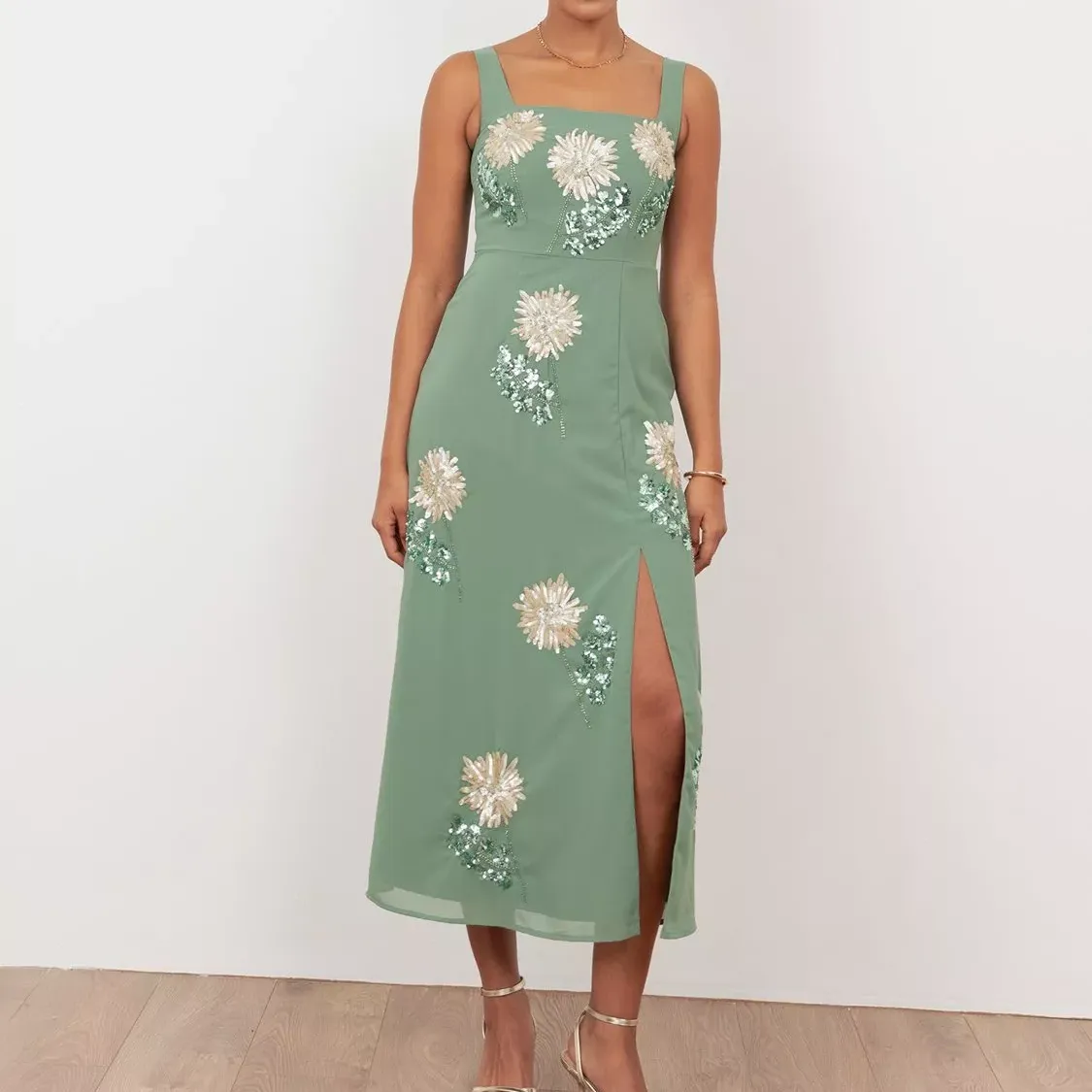 Maya Deluxe Embellished Floral Square Neck Midaxi Dress, Deep Mint