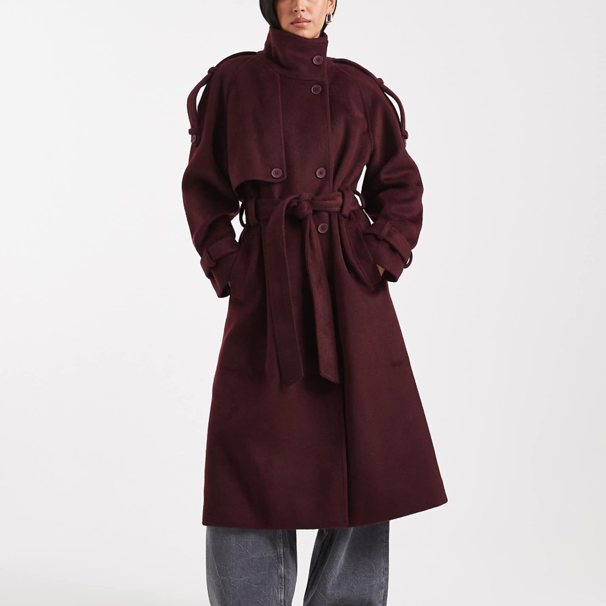 Asos Design Formal Longline Funnel Neck Trench Coat in Burgundy