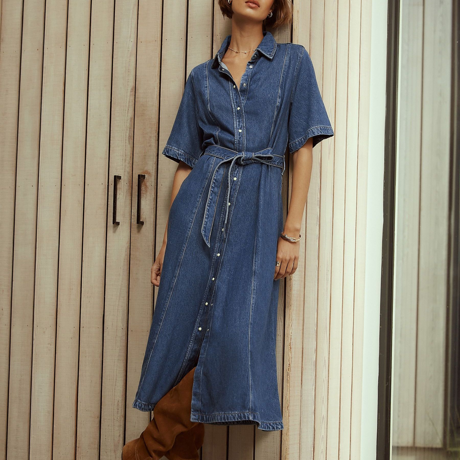 Mid Blue N.premium Short Sleeve Shirt Maxi Dress
