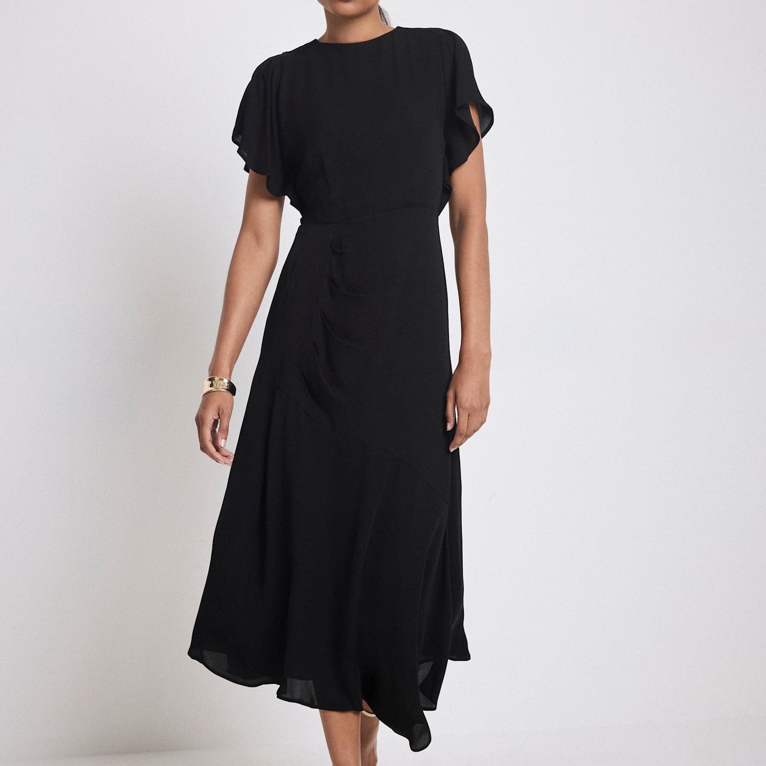 Black Draped Asymmetric Midi Dress