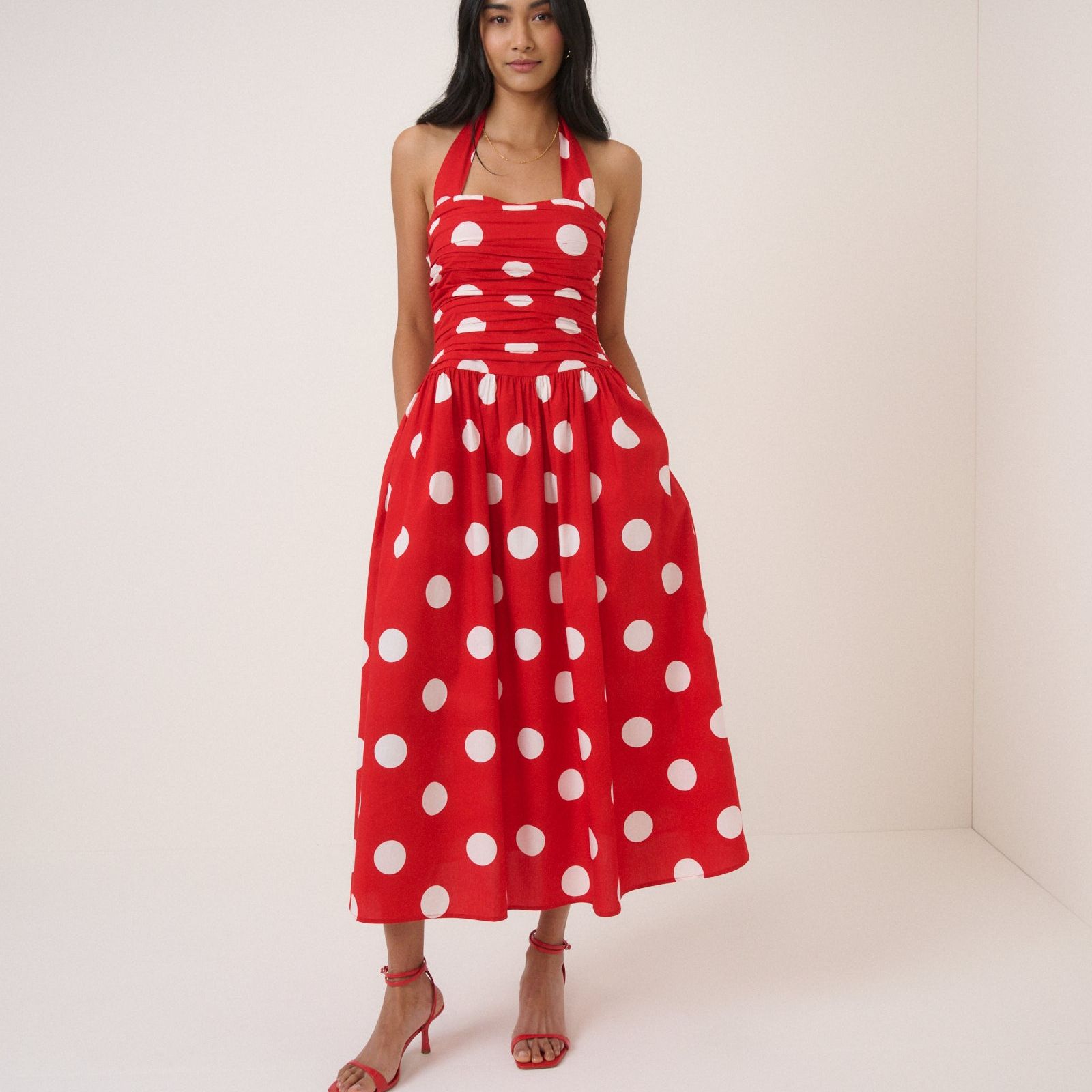 Red Polka Dot Halterneck Lilah Midi Dress