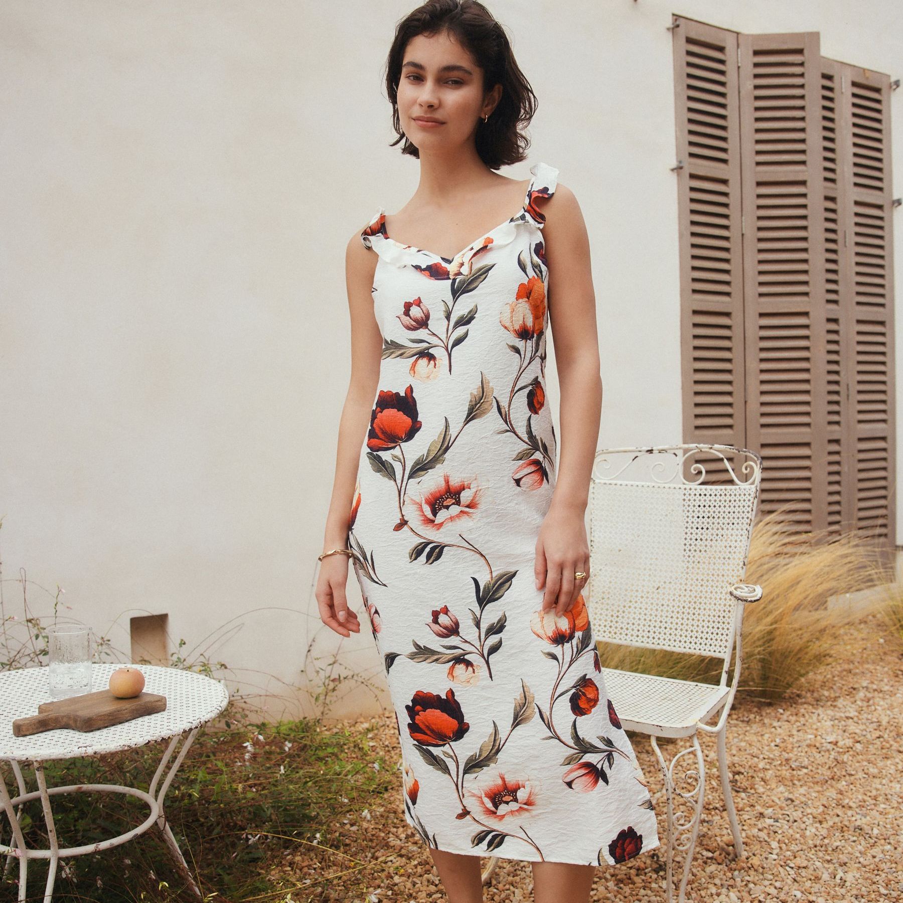Cream/red Floral Summer Frill Midi Slip Dress