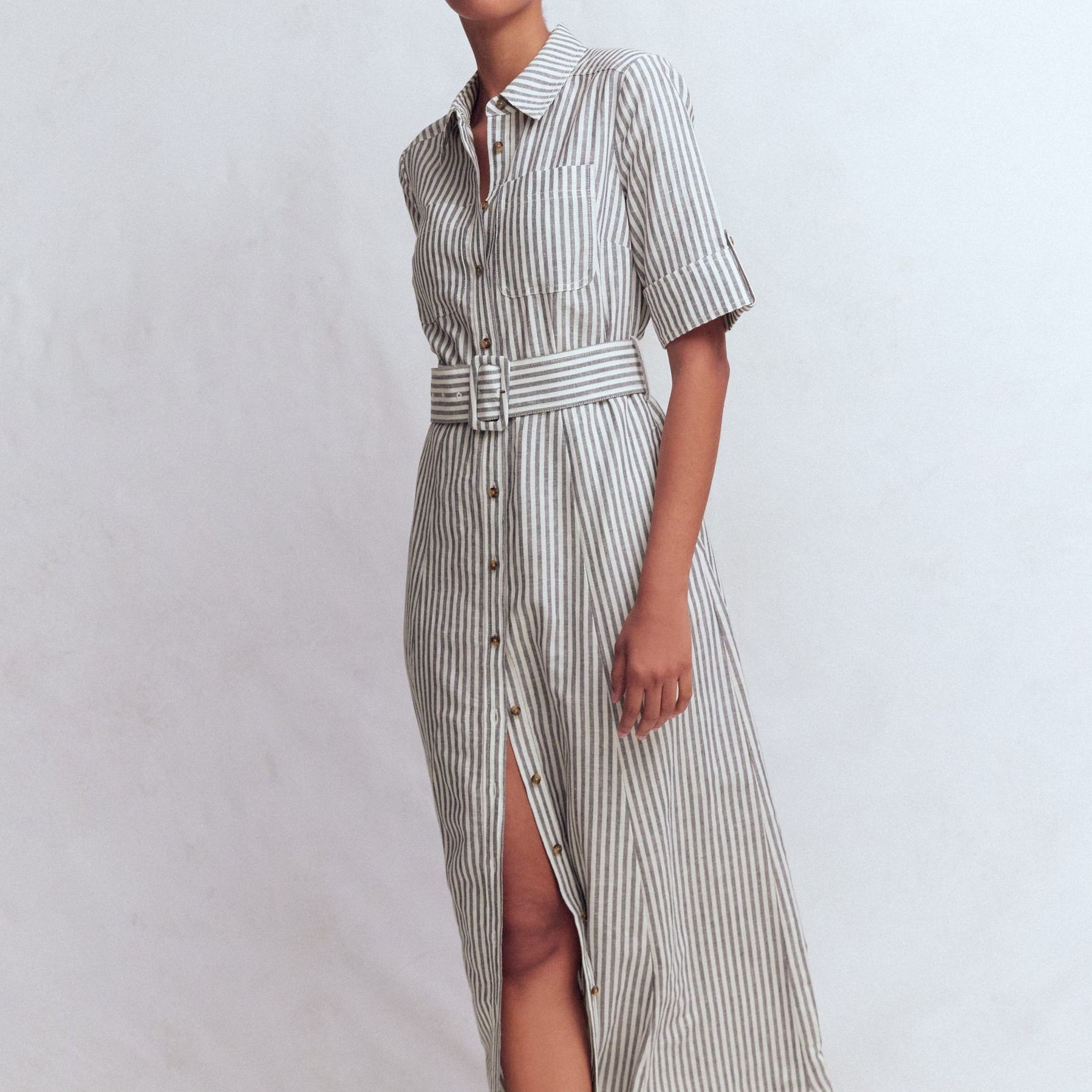 Ora Linen Blend Shirt Dress-Navy Ivory Stripe