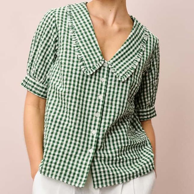 Brora Cotton Gingham Blouse Nettle Green