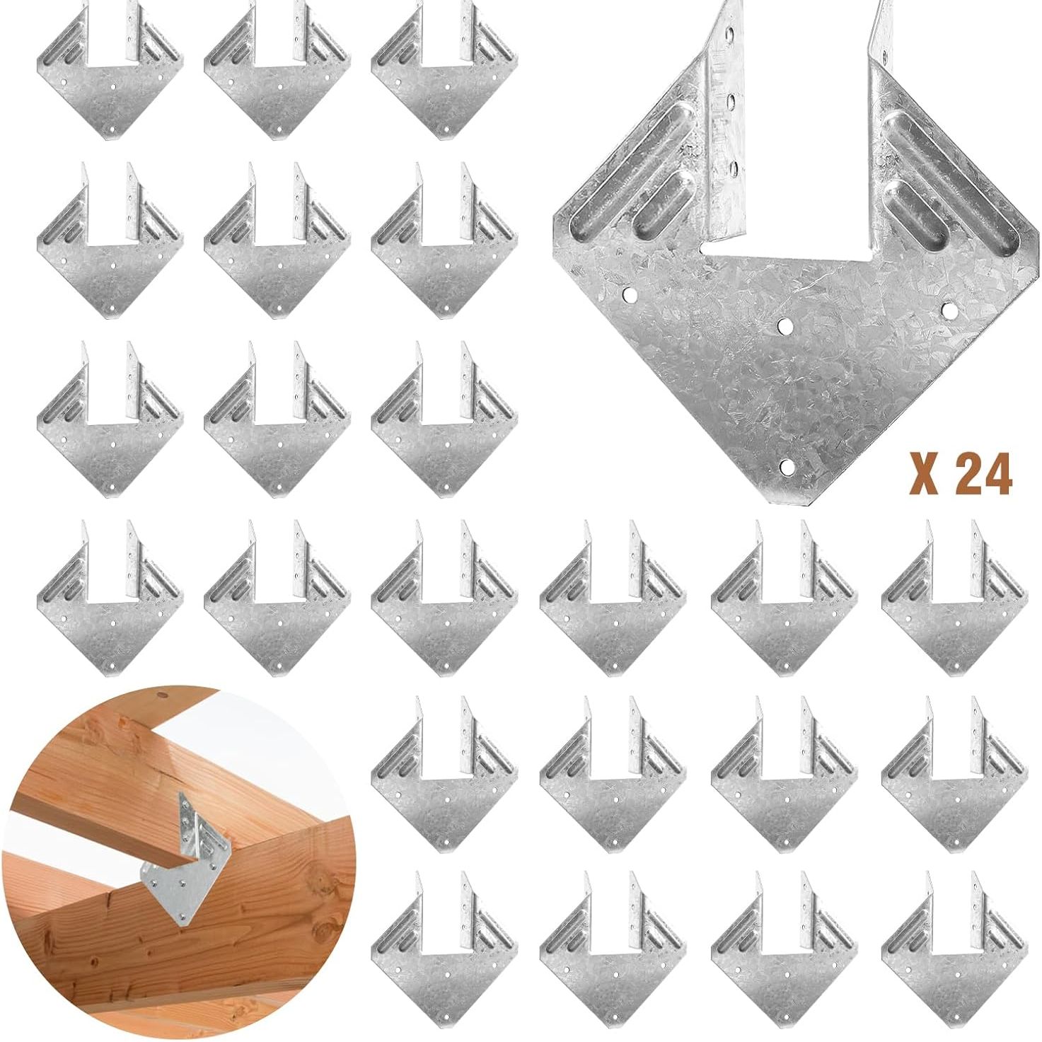 Garaook 24 Pack 16-Gauge Hurricane Ties for Rafter, Heavy Duty Hurricane Straps, Robust Hot Dip Galvanized Rafter Ties Brackets, Joist Hangers for 2x Deck Joists