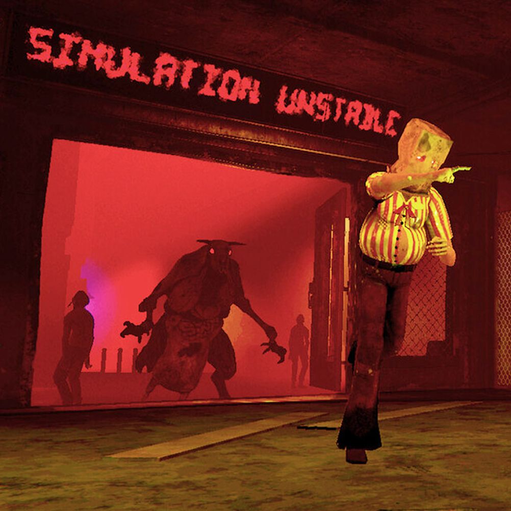Happy's Humble Burgatory - Two players wearing paper bags on their heads and striped shirts running from a cow-like monster