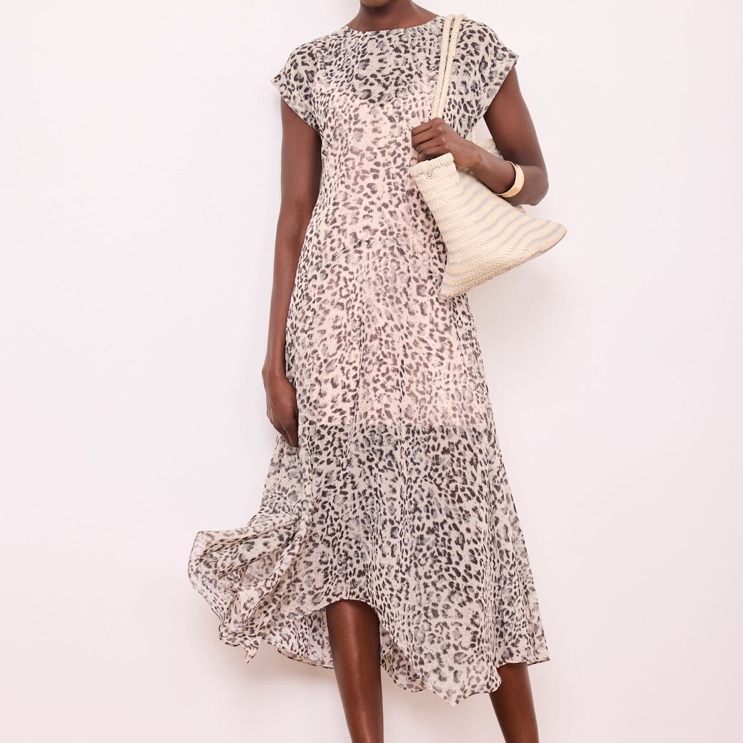Leopard Print Cap Sleeve Midi Dress