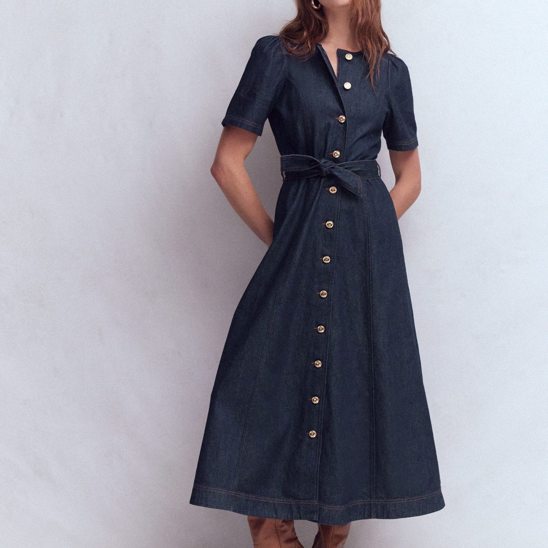 Button Detail Denim Dress-Indigo