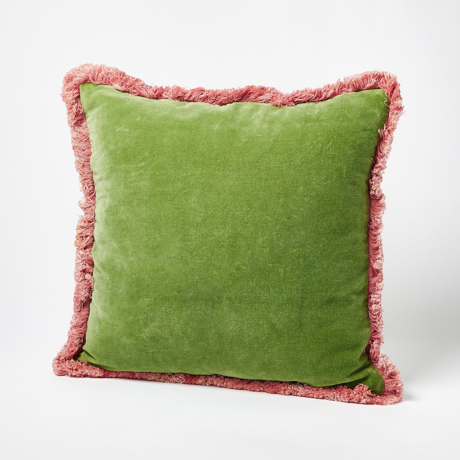 Issey Velvet Fringed Green Cotton Cushion Cover 45x45cm | Oliver Bonas