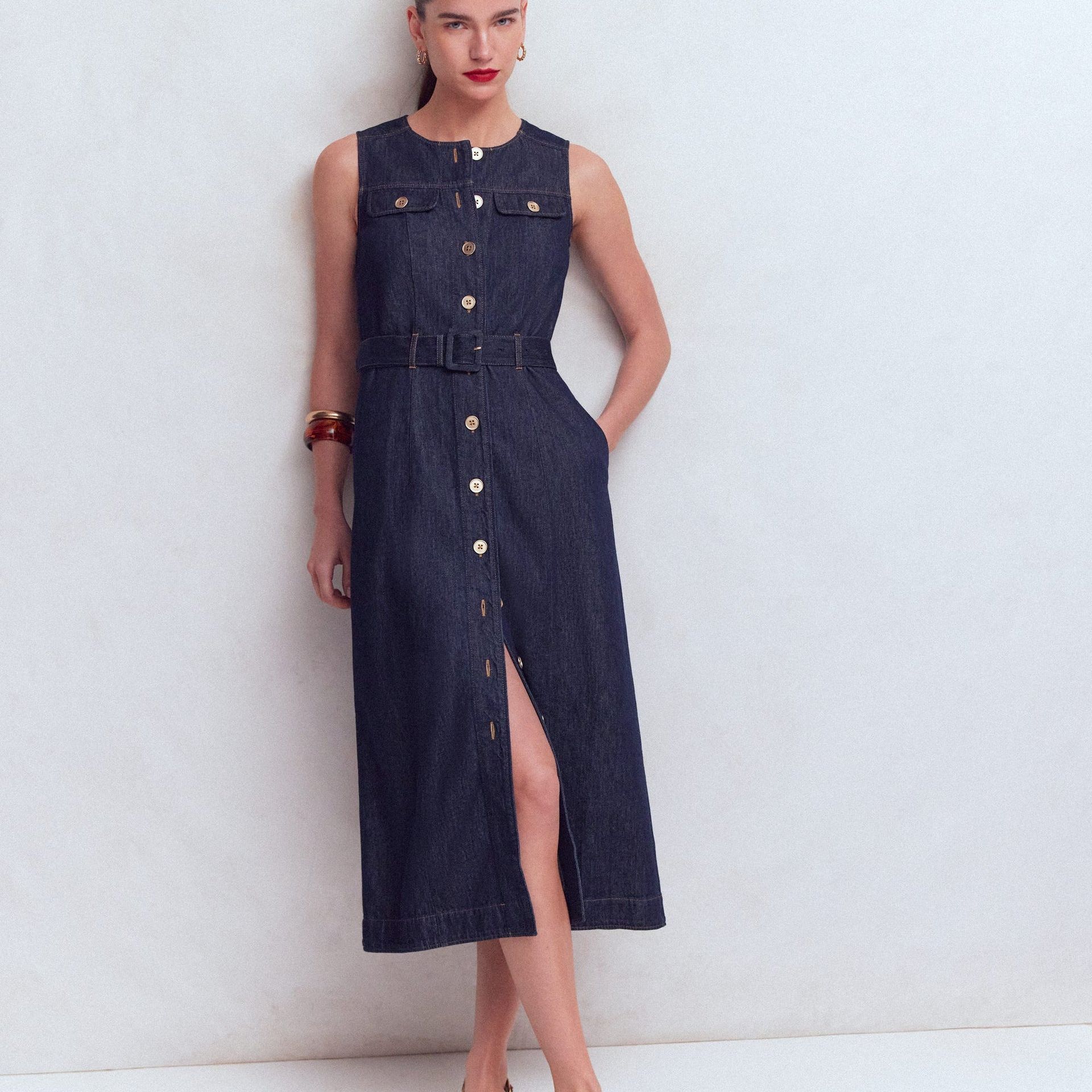 Gold Button Denim Midi Dress-Indigo