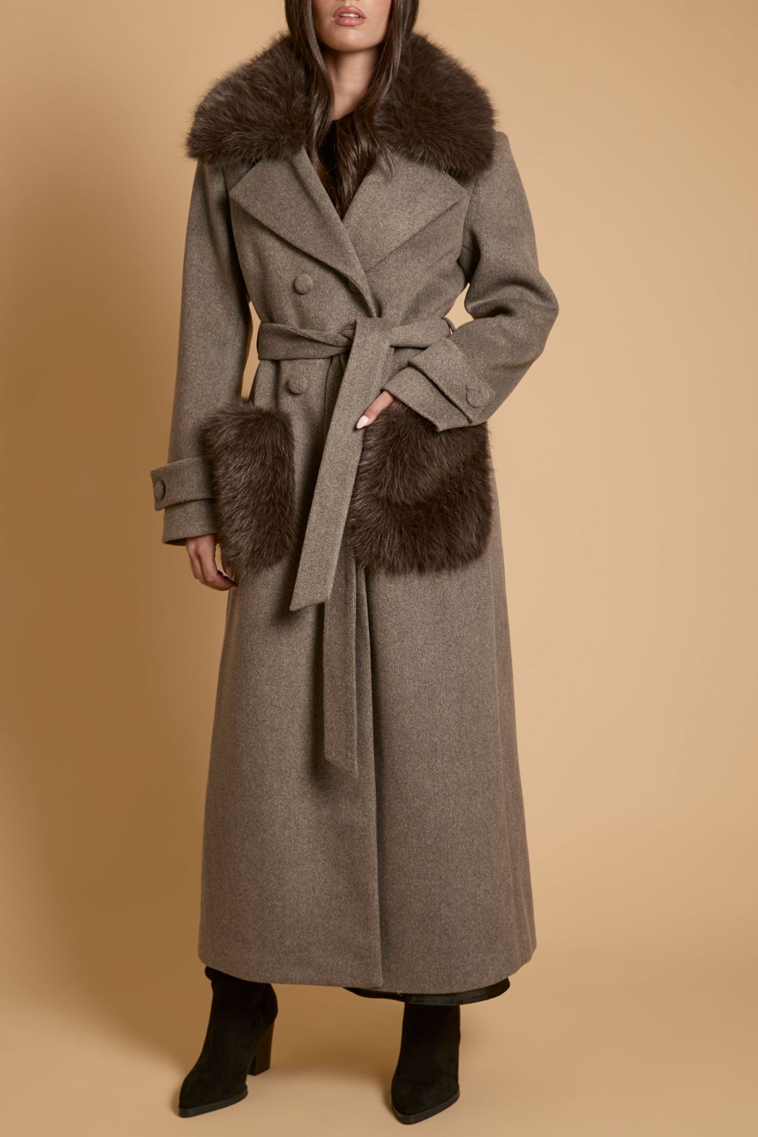 Faux Fur Collar Wrap Coat With Statement Fur Pockets