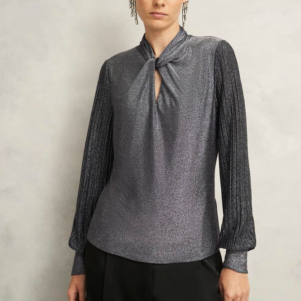 Silver Metallic Ashley Pleat Sleeve Twist Neck Top