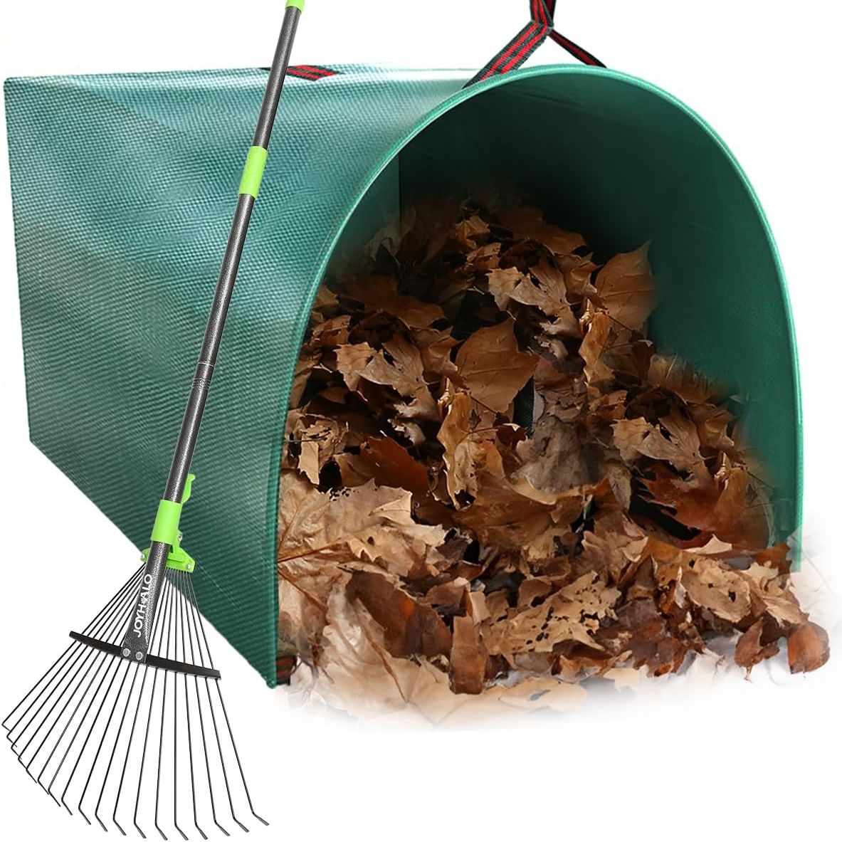 Joyhalo 63.4 Inch Rake for Leaves With 40 Gallon Dustpan-Typ Leaf Bags, Adjustable 18 Tines Metal Leaf Rake Set for Gardening Lawns Yard Outdoor Camping Shrub Grass Bush Grass Clippings