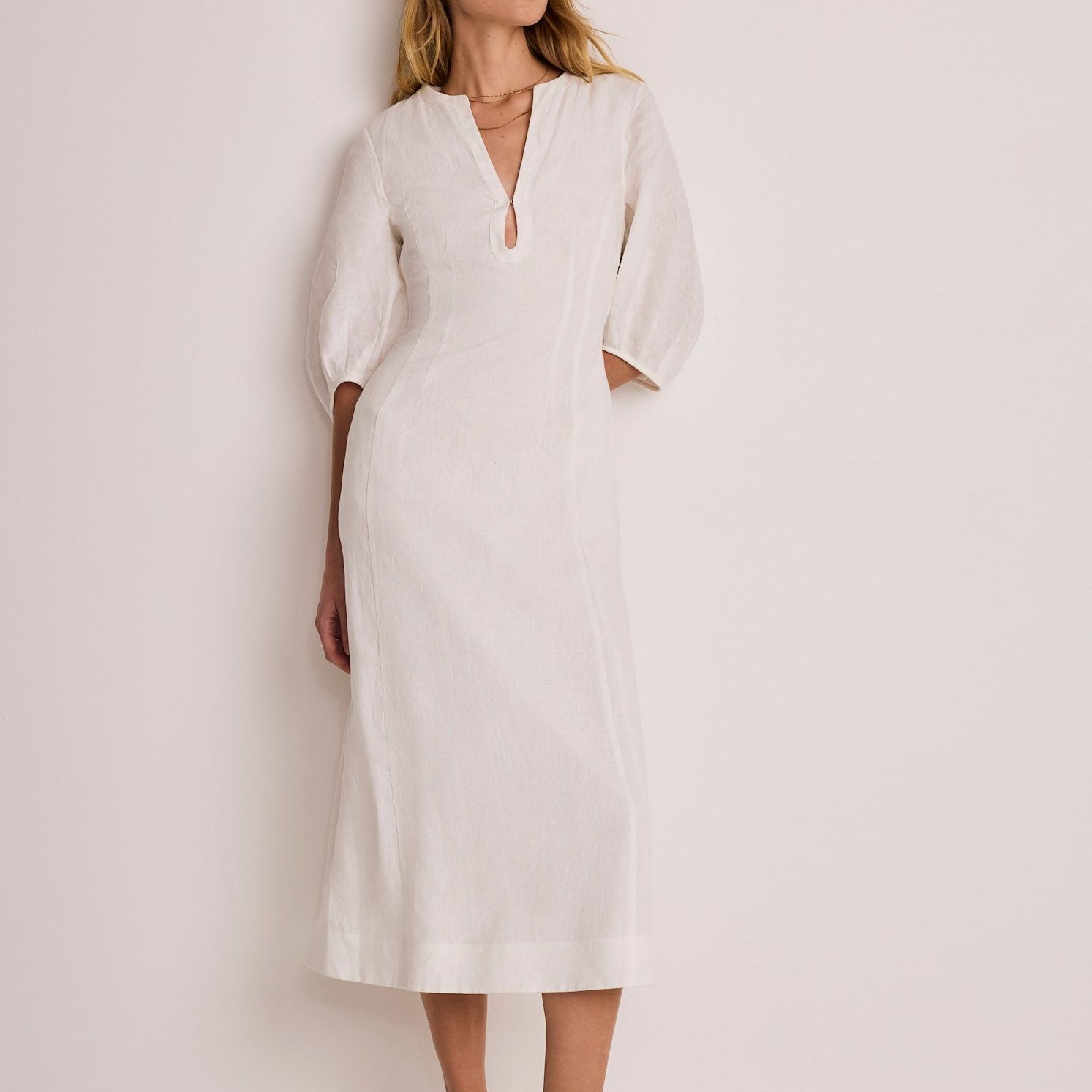 White Linen Puff Sleeve Midi Dress