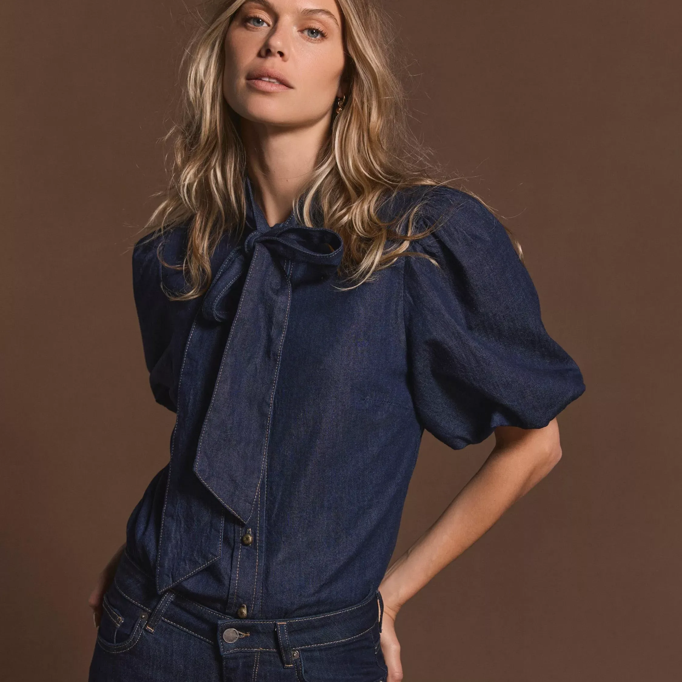 Mint Velve Puff Sleeve Denim Shirt