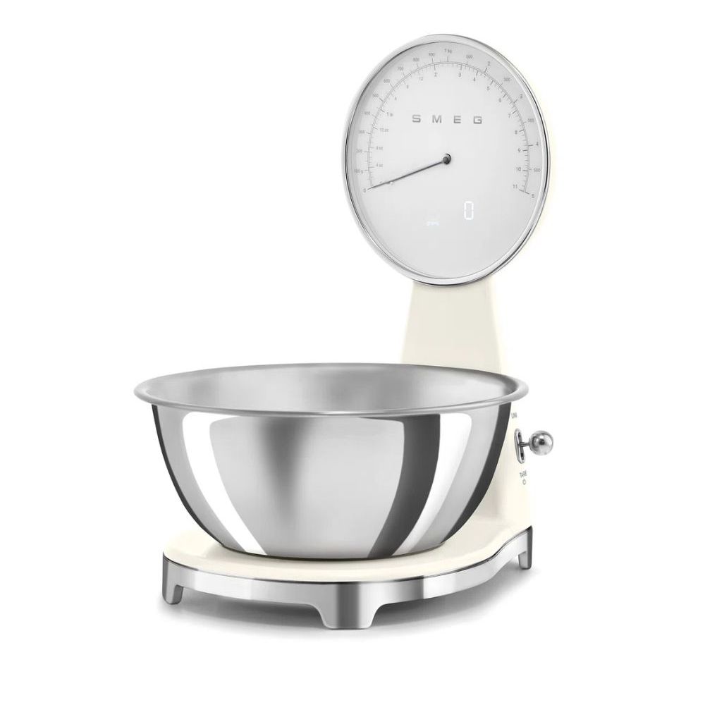 Retro white Smeg kitchen scale with silver bowl