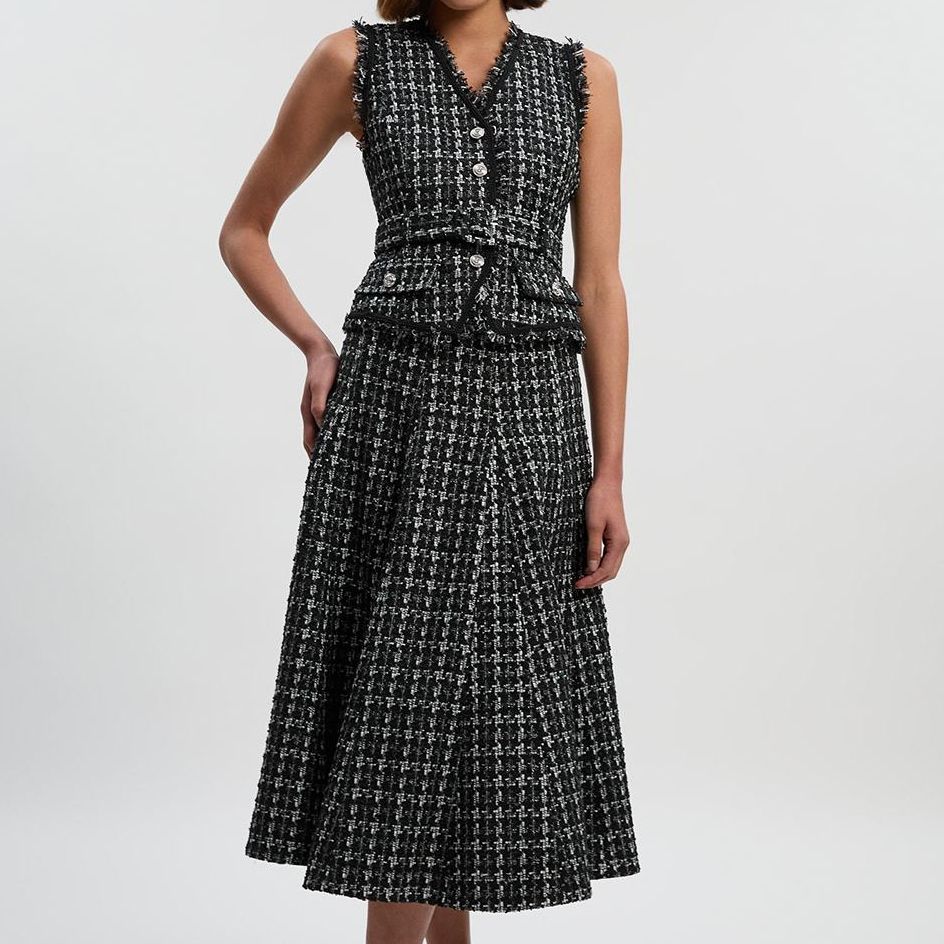 Boucle Tailored Sleeveless Satin Mix Full Skirted Midi Dress