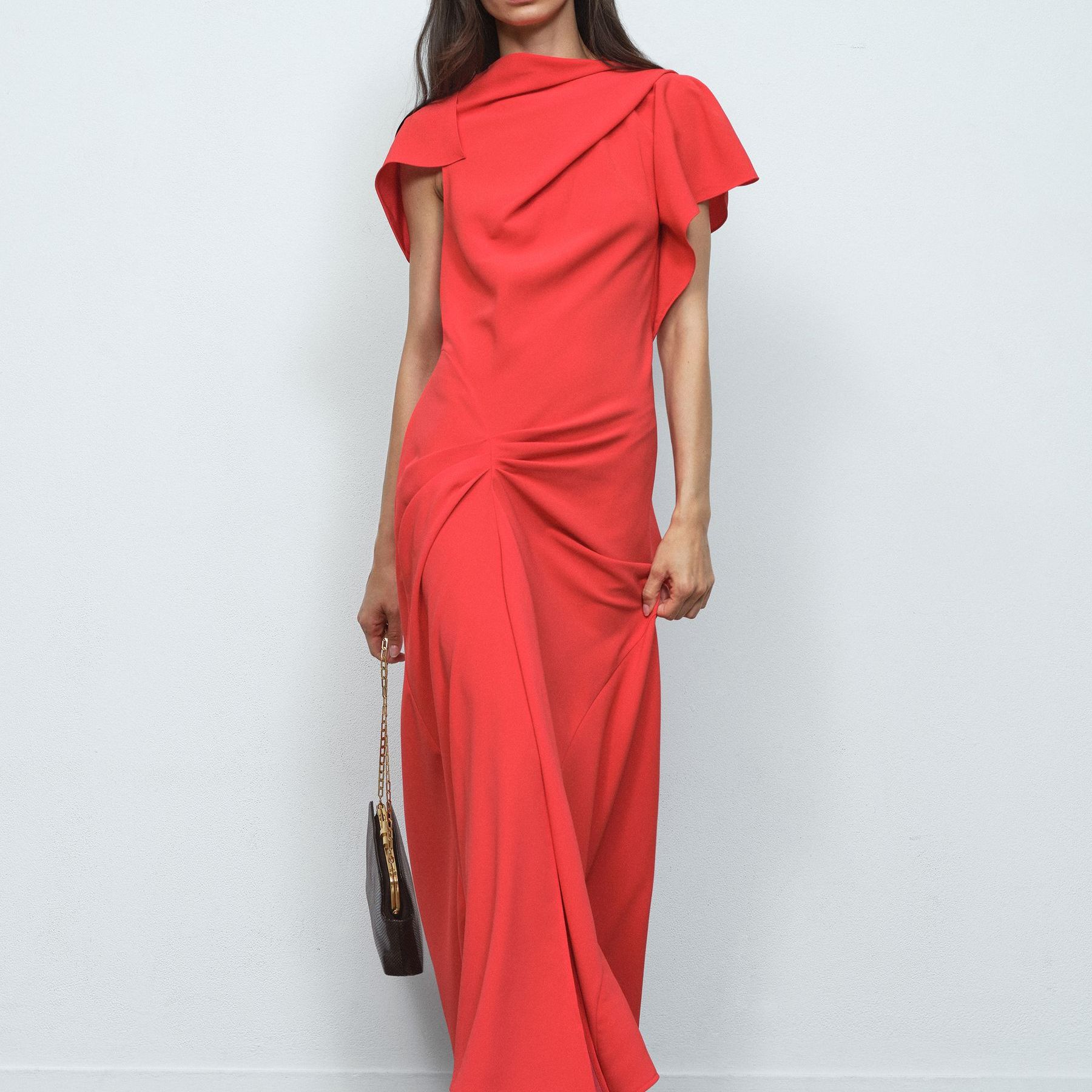 Asymmetric Draped Midi Dress in Orange