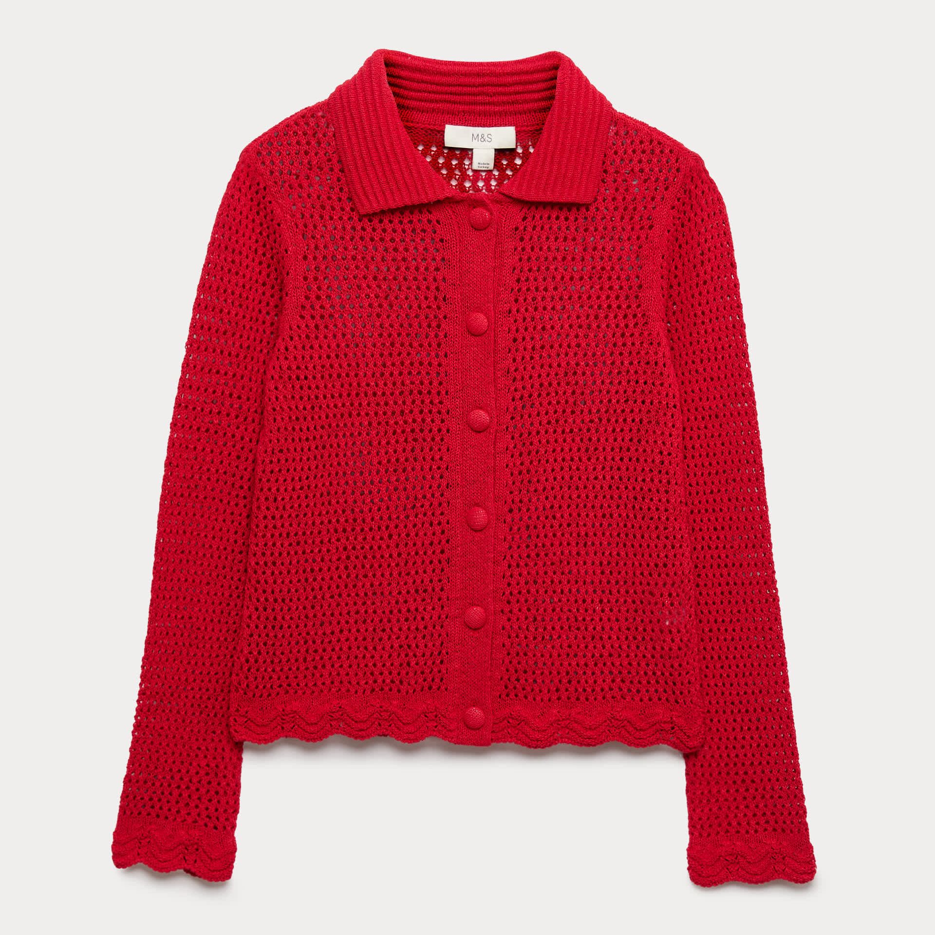 Cotton Blend Crochet-Style Collared Cardigan