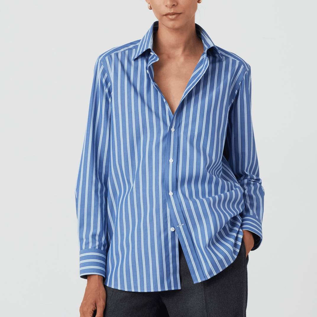 The Boyfriend: Fine Poplin, Blue Multi Stripe