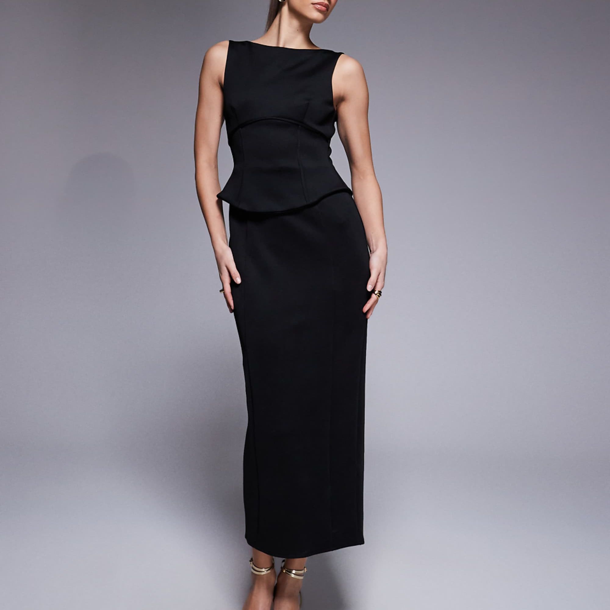 Asos Design Pencil Midi Dress With Peplum Corset Bodice in Black Scuba-Style Fabric