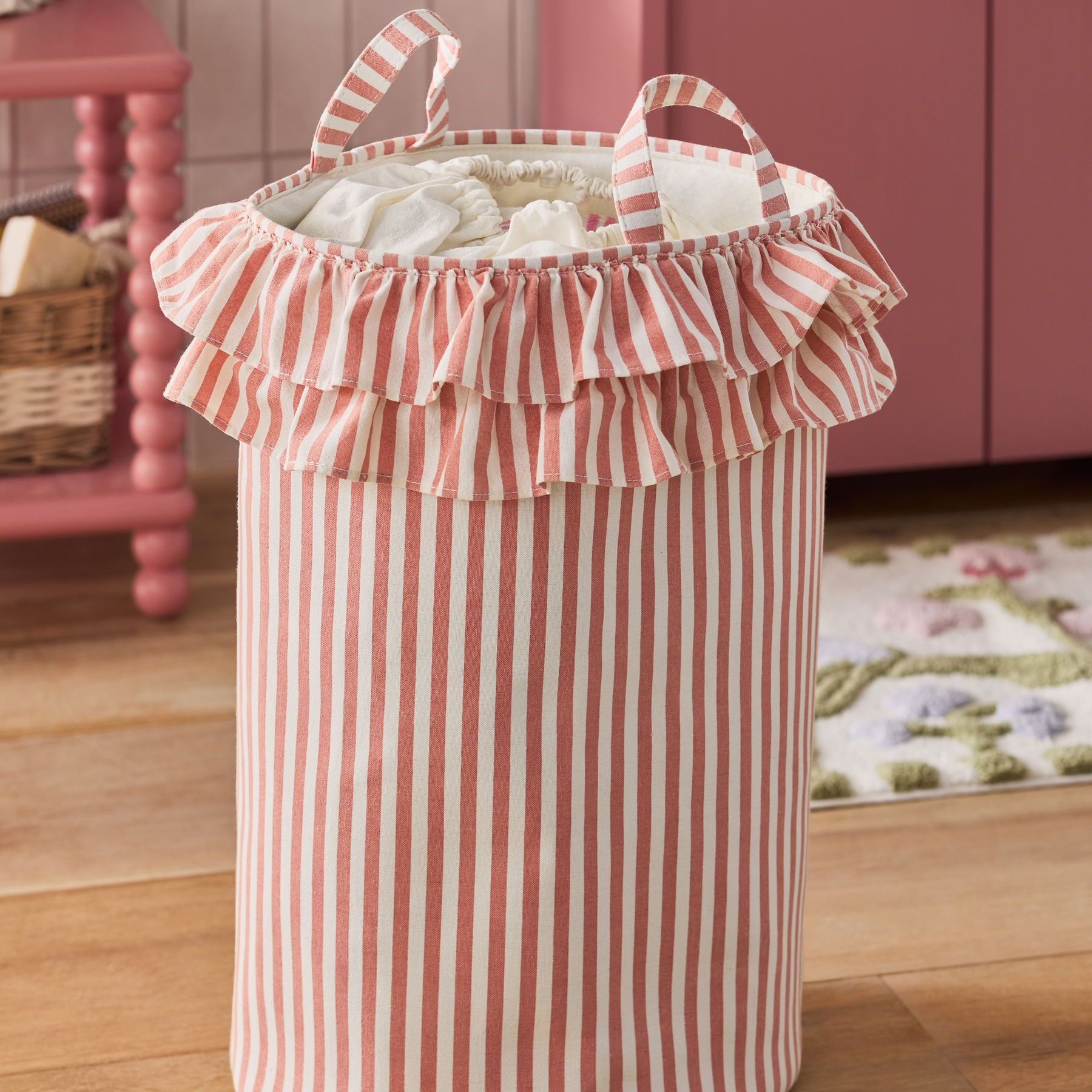 Pink Stripe Bag Frill Laundry Bag - Size One