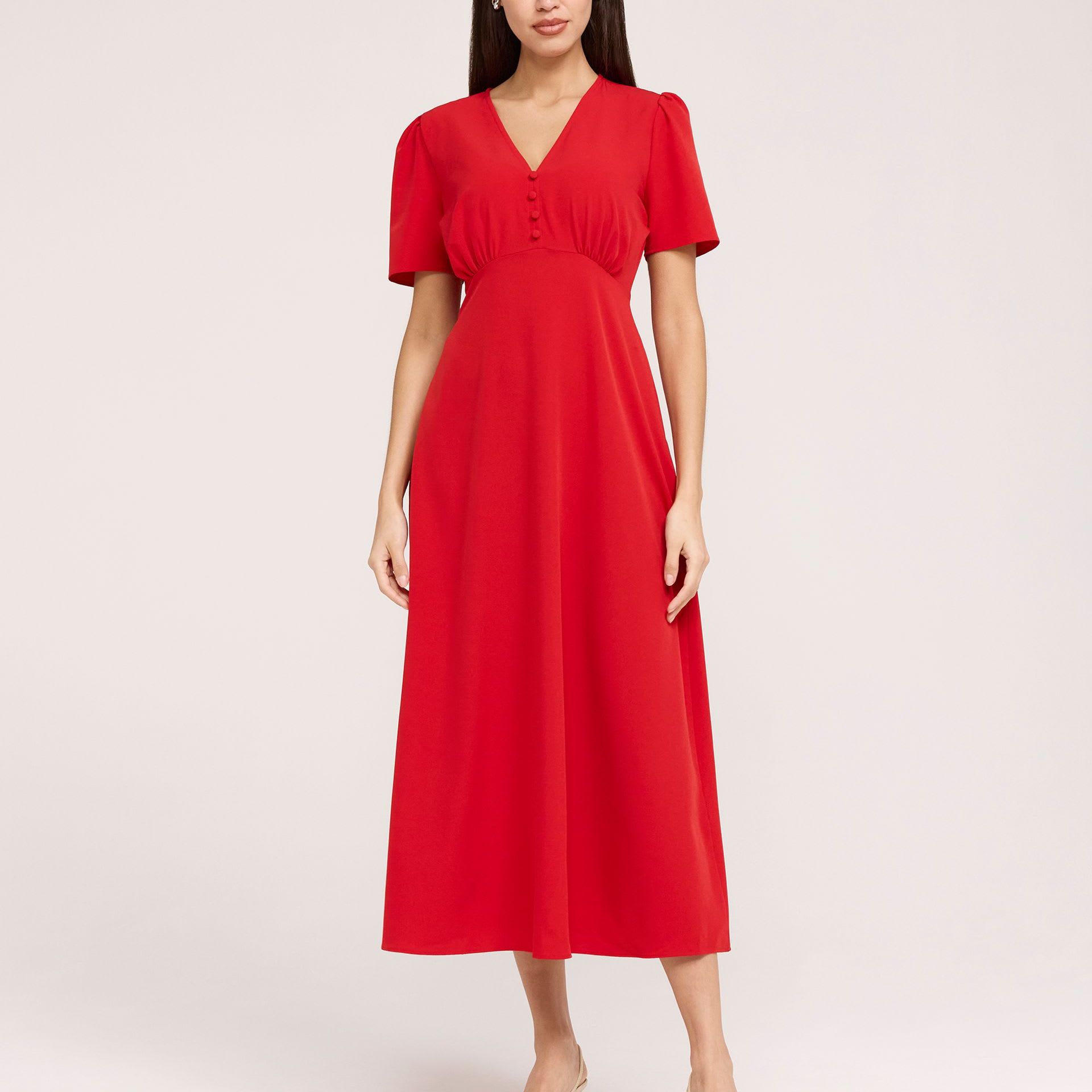 Crepe V-Neck Midi Tea Dress