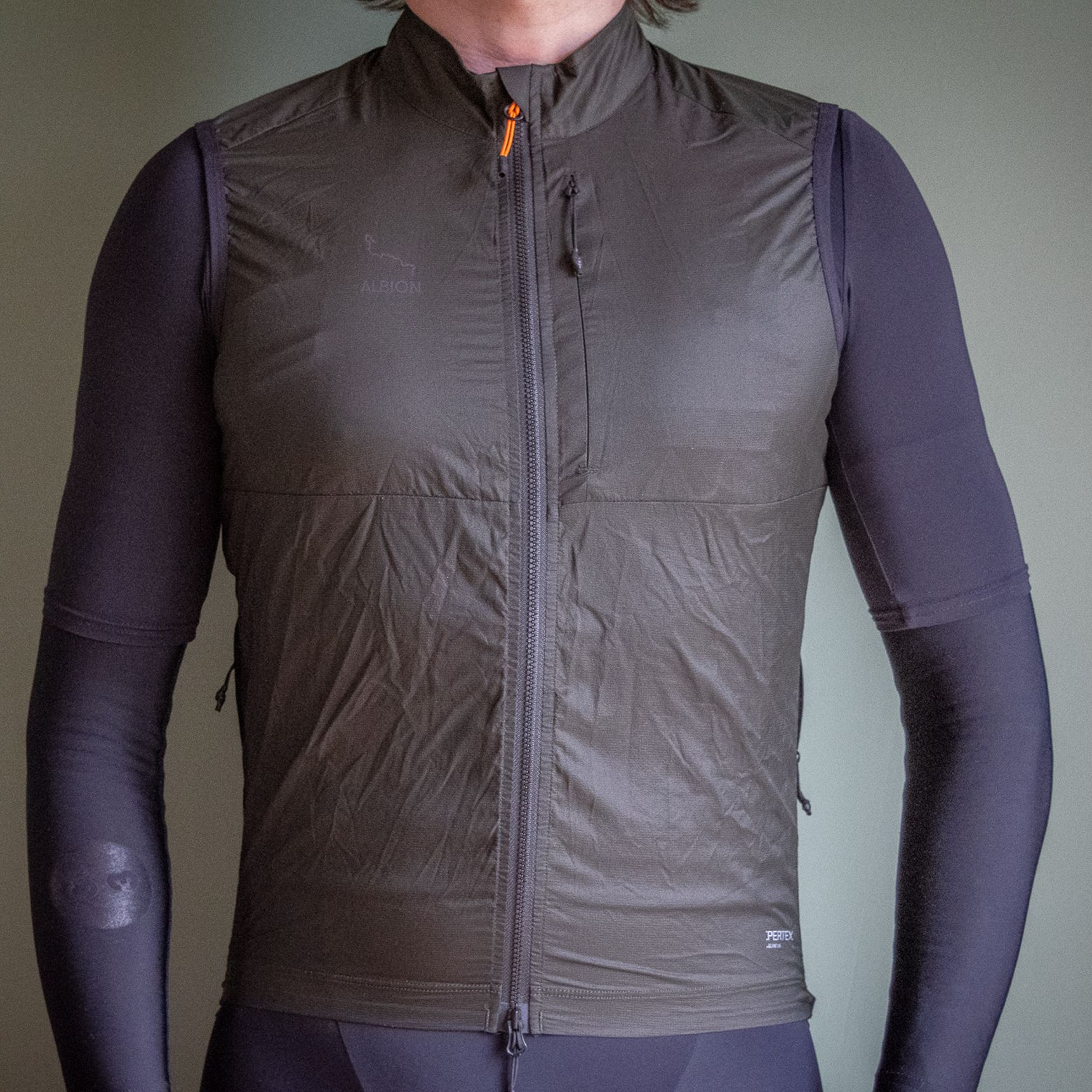 Albion Wind Gilet in grey pictured against a plain grey background