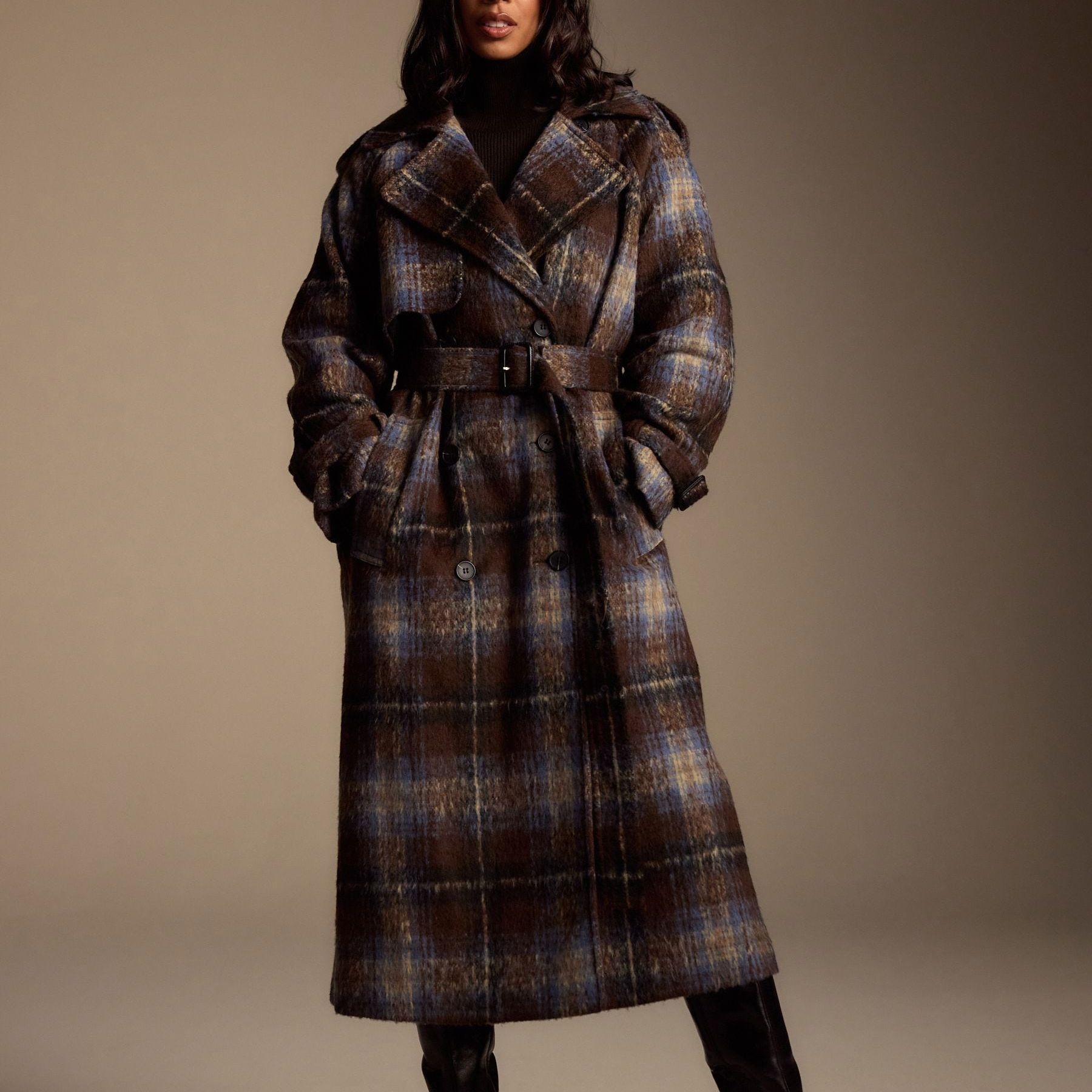 Chocolate Brown Check Trench Coat