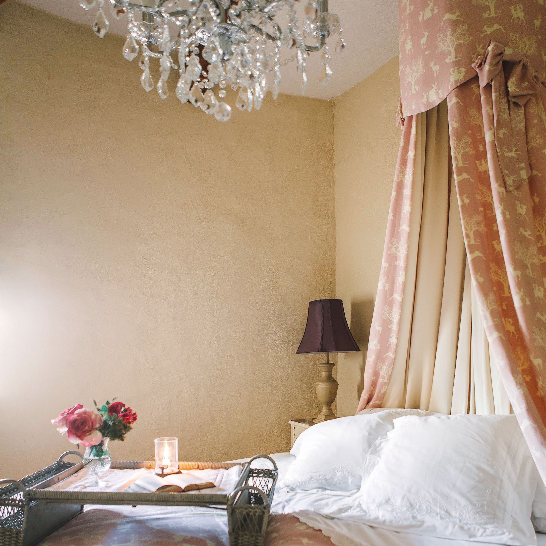 View of bed with bed canopy and glass chandelier and breakfast tray resting on the bed