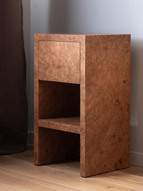 Handcrafted Rustic Oak Burl Veneer Nightstand With Drawer