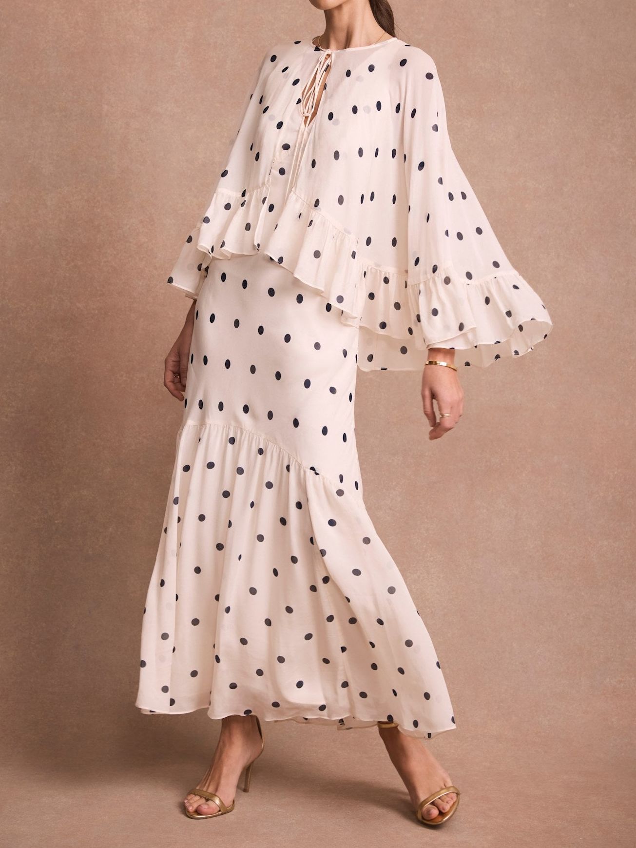 Cream Polka Dot Print Cape Maxi Dress