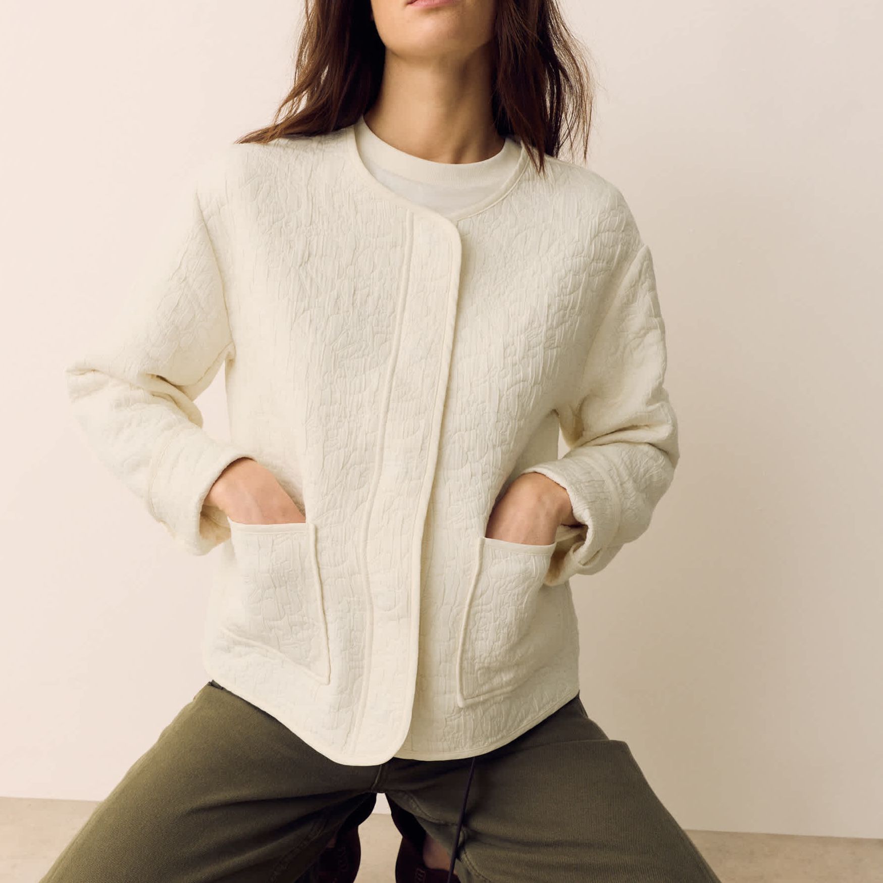Cotton Blend Quilted Collarless Jacket