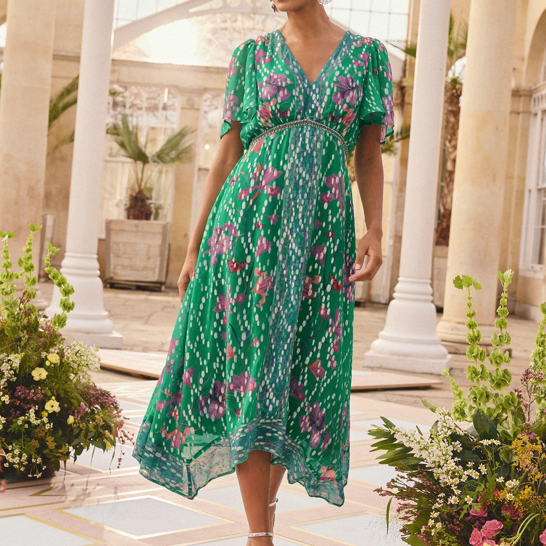 Love &amp;amp; Roses X Rhs Floral Green Metallic Trim Hanky Hem Midi Dress - Size 8