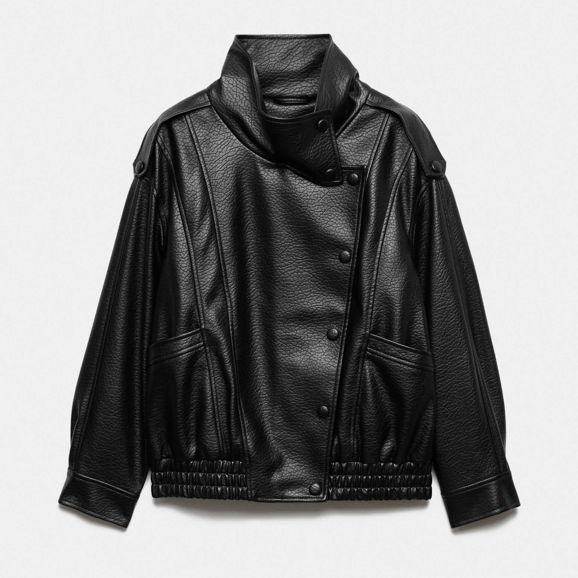 Faux Leather Funnel Neck Bomber Jacket