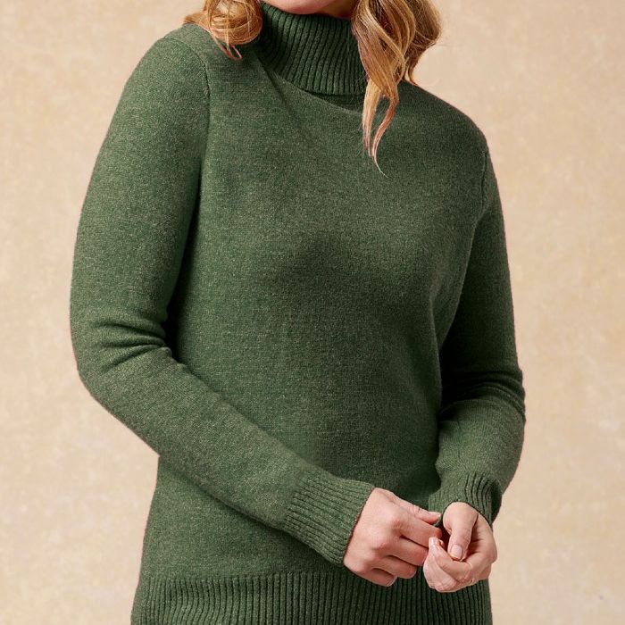 Ladies Lambswool Roll Neck Jumper Tweed Green