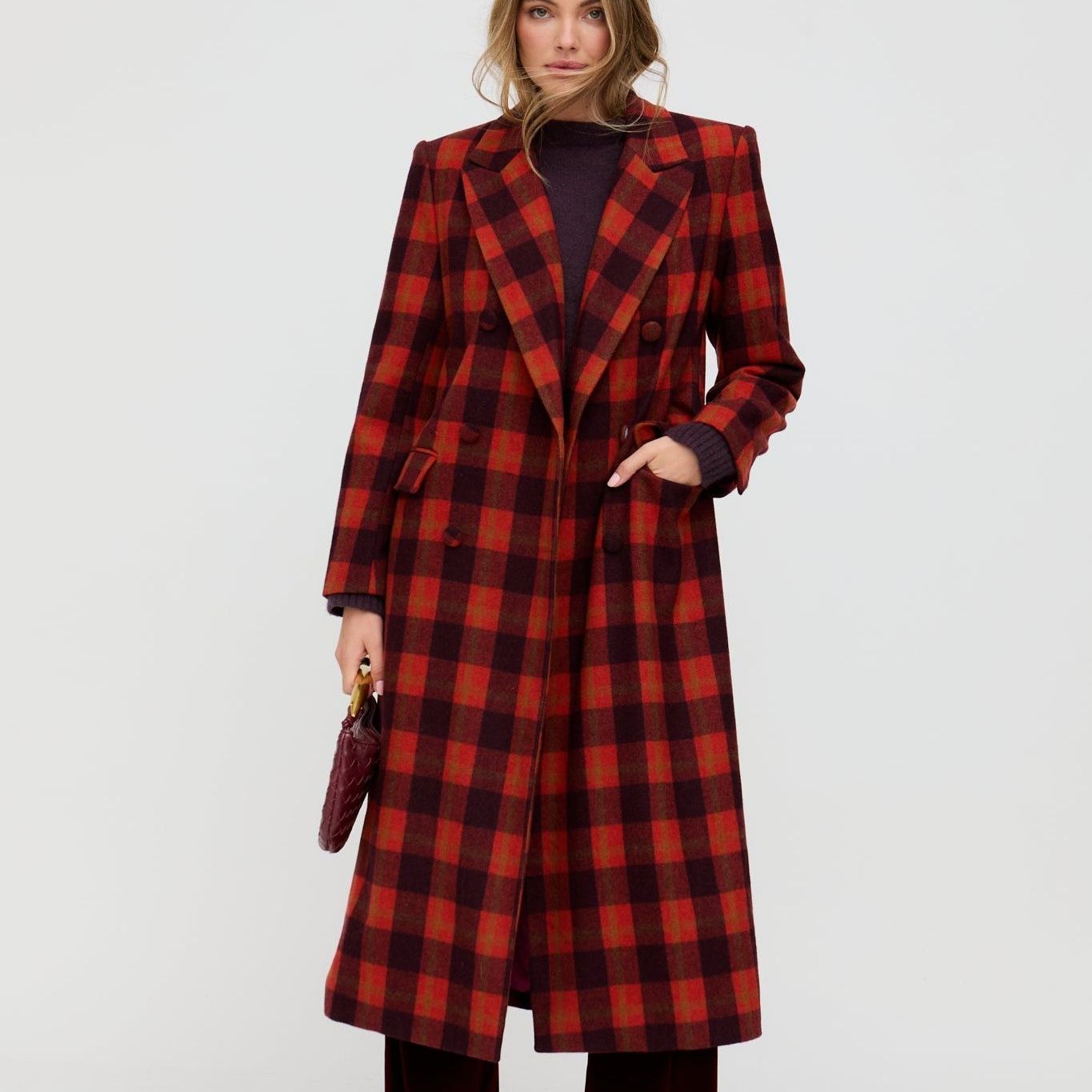 Tamara Double Breasted Check Print Coat in Red