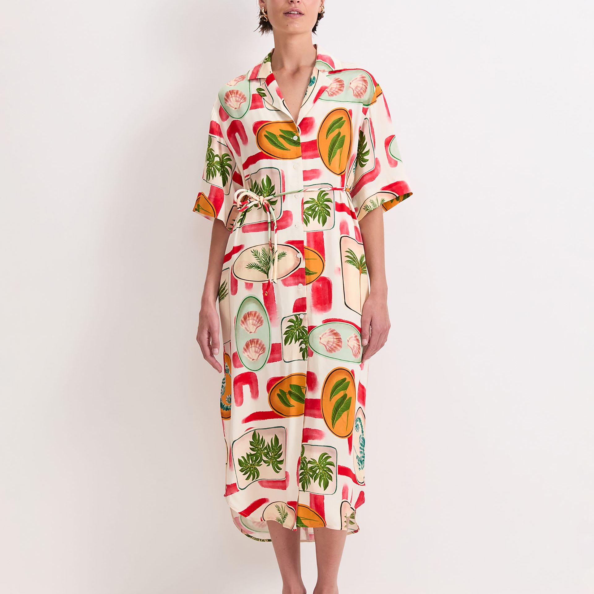 Printed Tie Waist Midi Shirt Dress