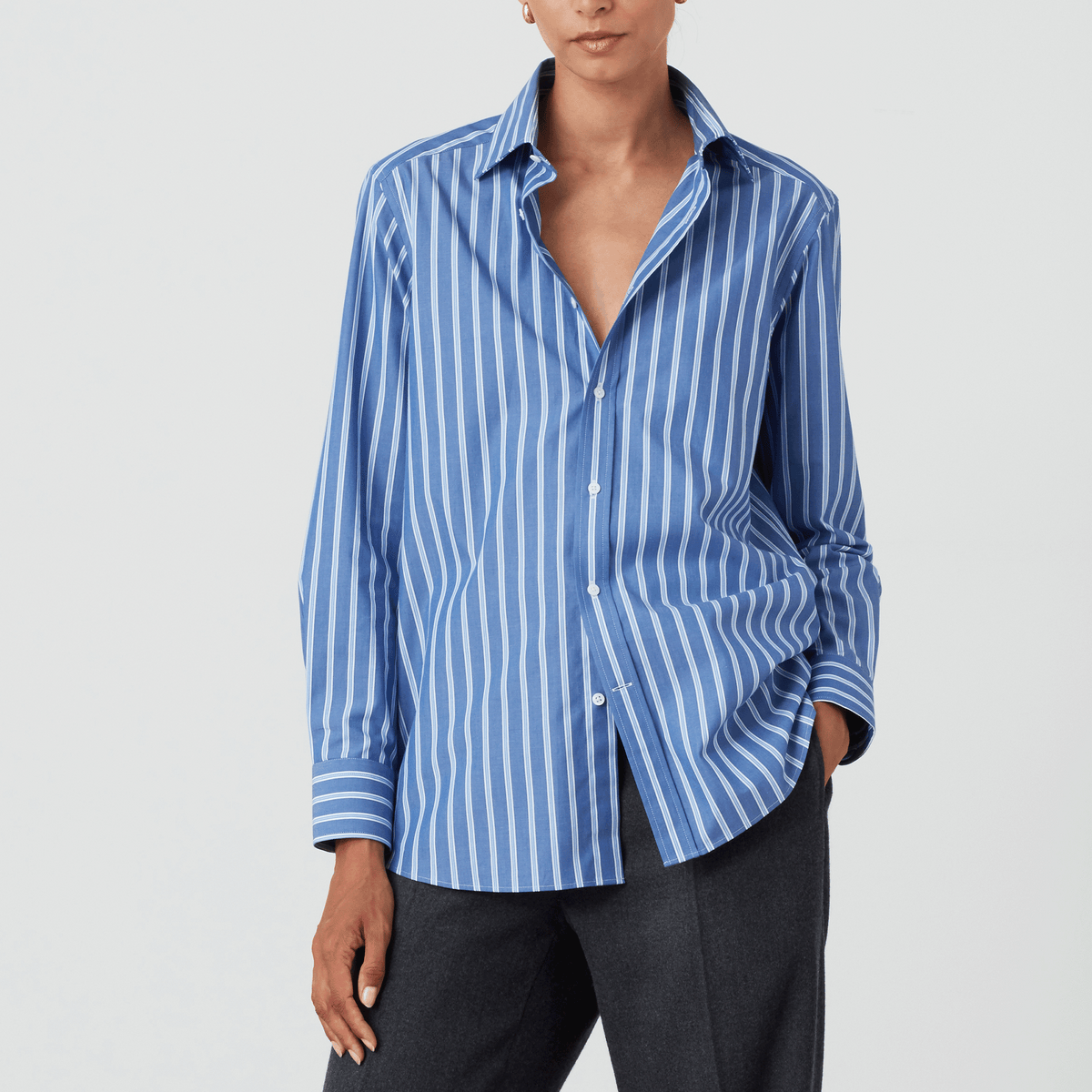 The Boyfriend: Fine Poplin, Blue Multi Stripe