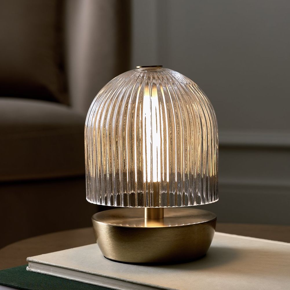 Habitat Ribbed Glass Portable Table Lamp - Brushed Brass