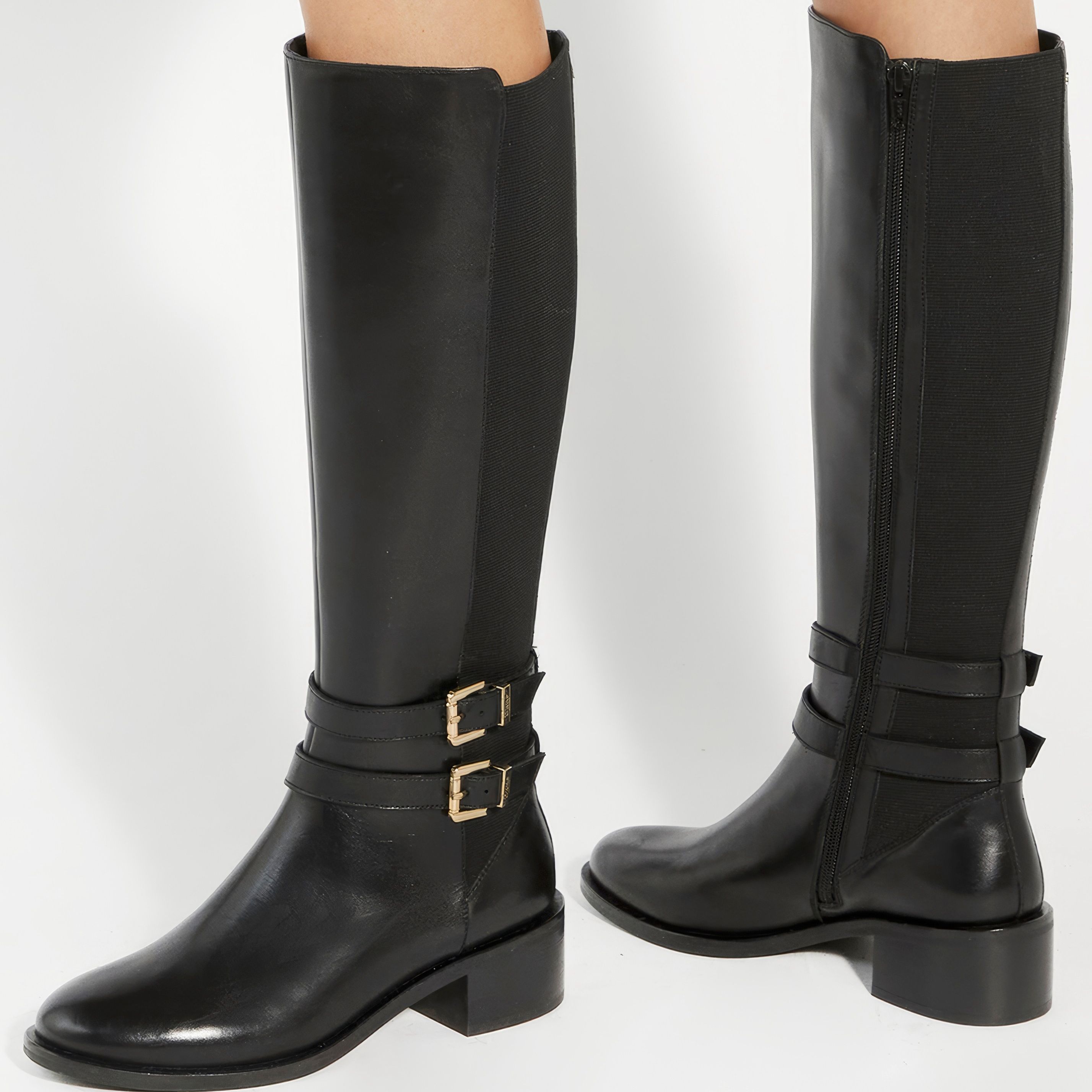 Dune Tatter Black Leather Stretch-Back Knee-High Boots Standard Fit
